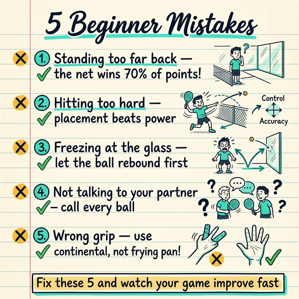 Resumen en notas manuscritas de los 5 errores comunes de principiantes en pádel