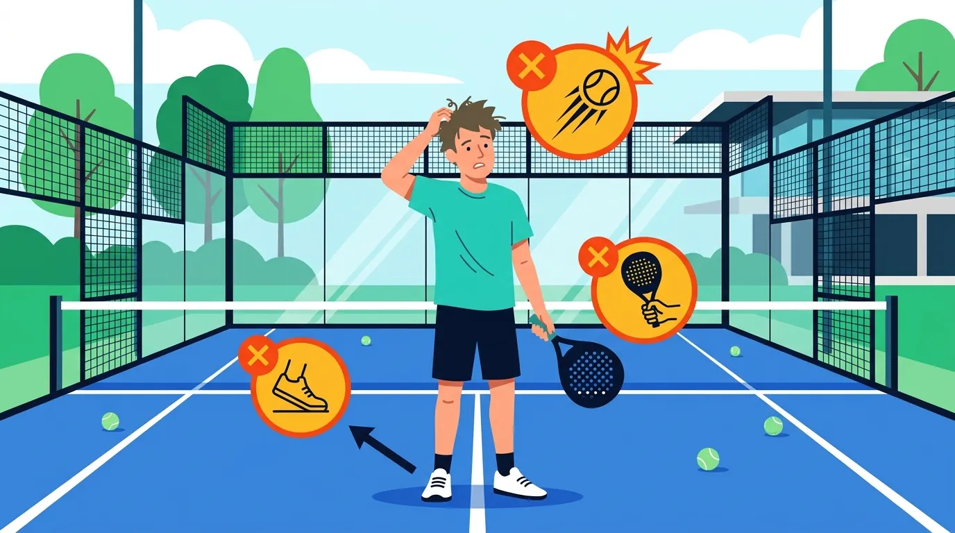 Ilustración estilizada de un jugador de pádel cometiendo errores comunes en la pista
