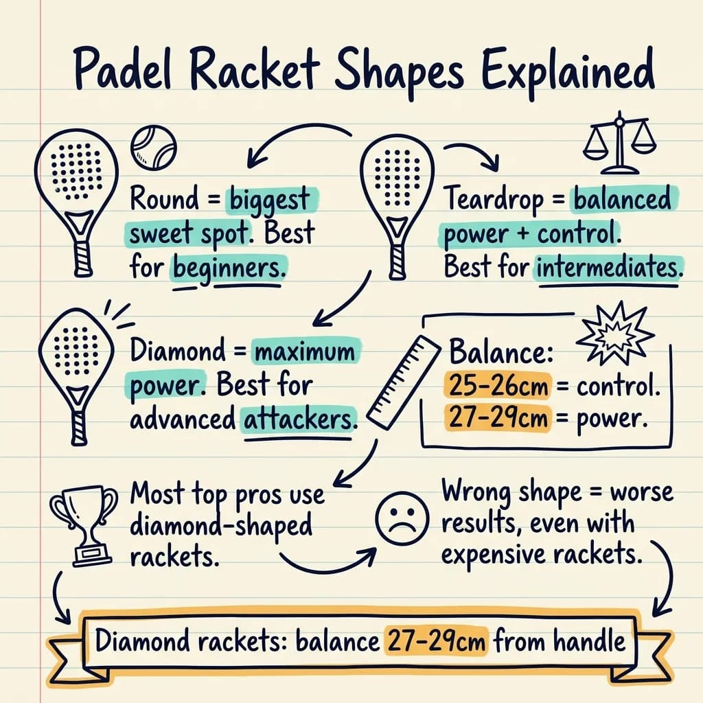 Resumen en notas manuscritas de las tres formas de palas de pádel: redonda, diamante y lágrima