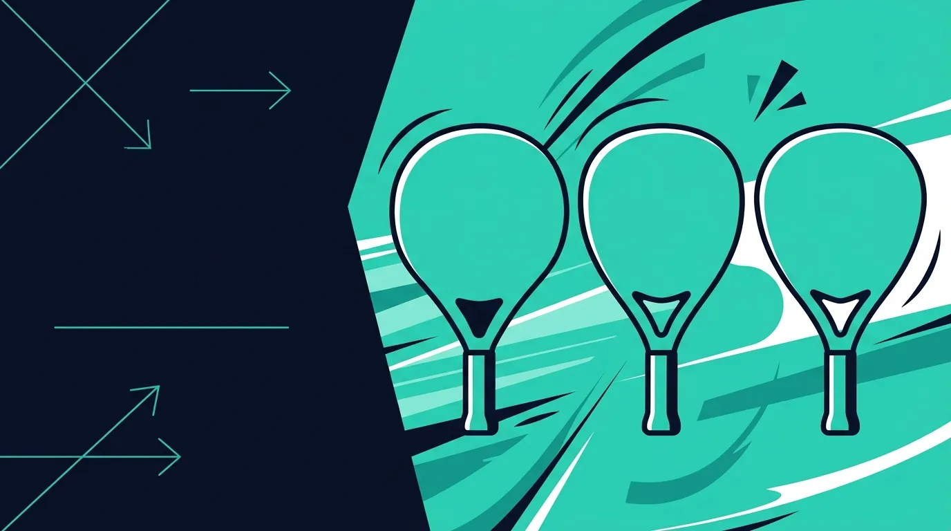 Ilustración estilizada de tres palas de pádel en colores teal y azul marino