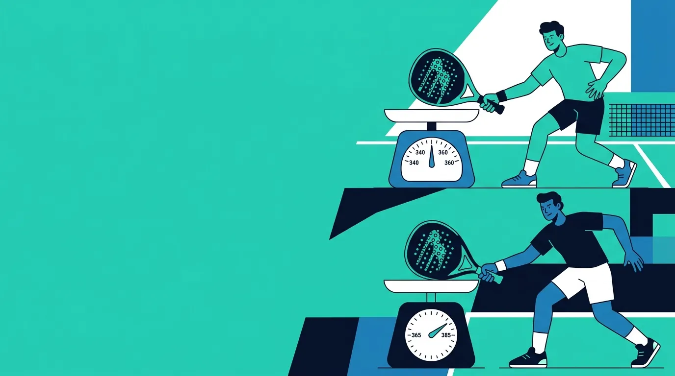 Stylized illustration of padel rackets on weighing scales showing different gram weights