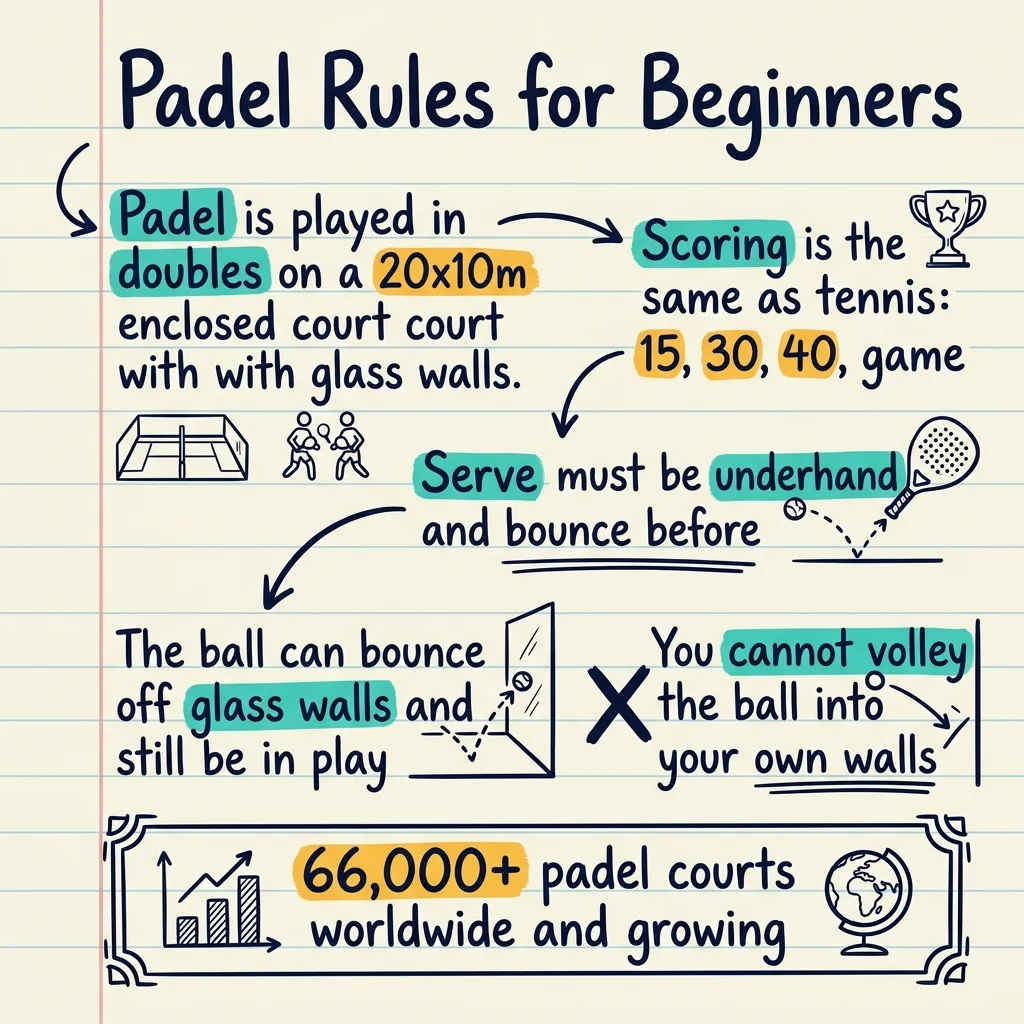 Resumen en notas manuscritas de las reglas del pádel para principiantes