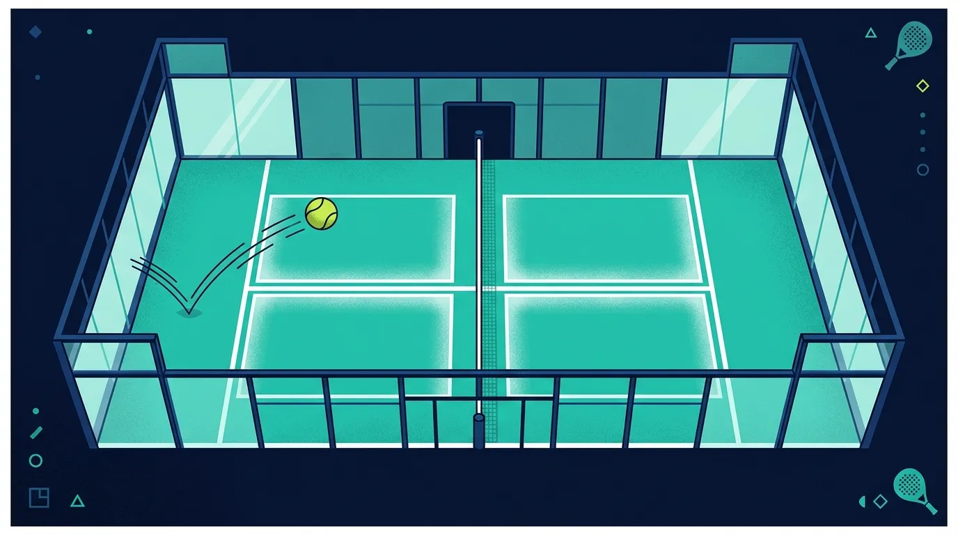 Ilustración estilizada de una pista de pádel vista desde arriba mostrando las líneas, cristales y trayectoria de la bola