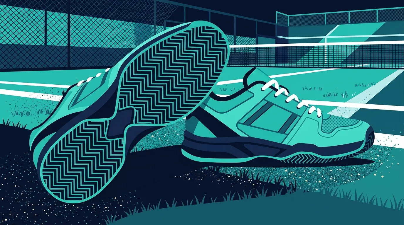 Ilustración estilizada de zapatillas de pádel mostrando suela de espiga y soporte lateral