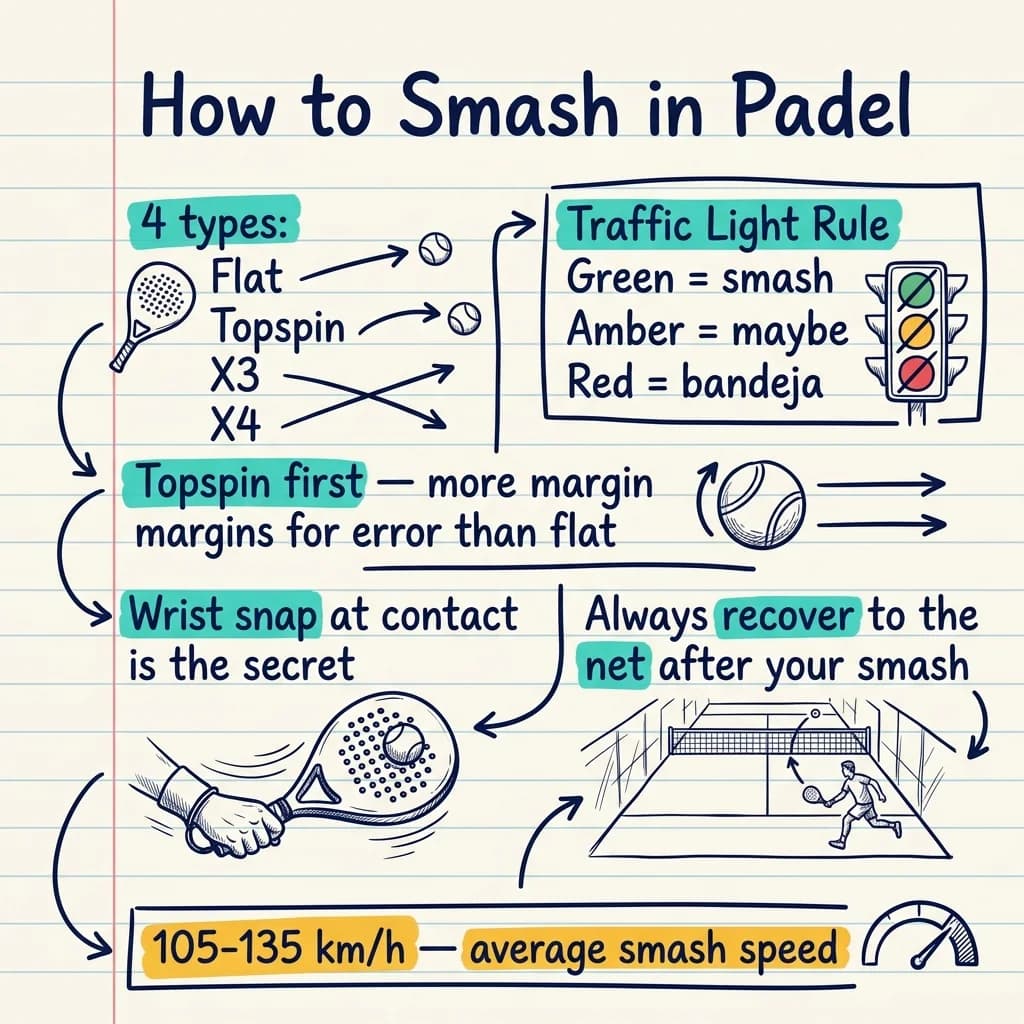 Apunte visual con los cuatro tipos de remate en pádel y consejos técnicos