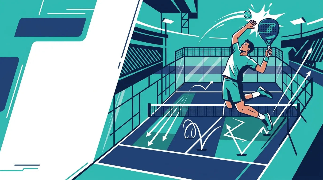 Ilustración estilizada de un jugador de pádel ejecutando un remate potente con líneas de movimiento en una pista azul
