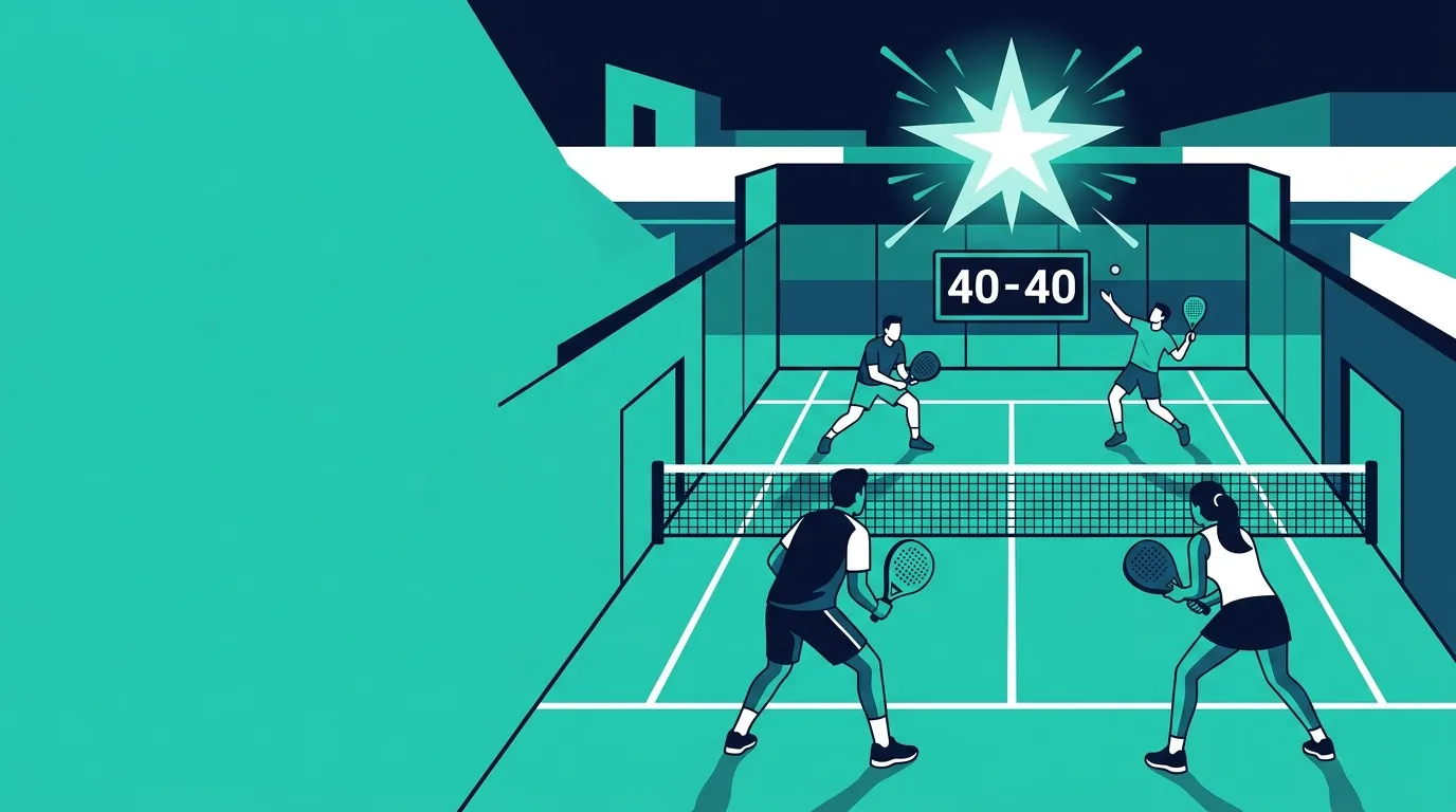 Ilustración estilizada de una pista de pádel con marcador en deuce en colores teal y azul marino