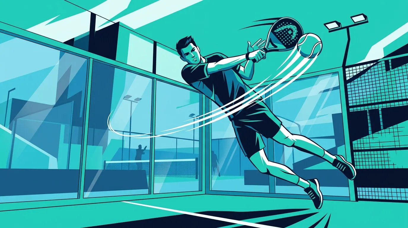 Ilustración estilizada de un jugador de pádel ejecutando una víbora agresiva con efecto lateral