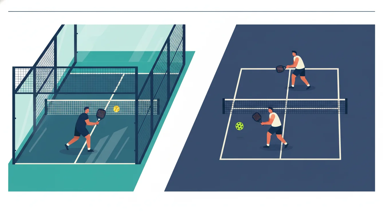 Split illustration comparing a padel court enclosed in glass walls with a player rallying inside the cage, against an open pickleball court with two players at the no-volley line