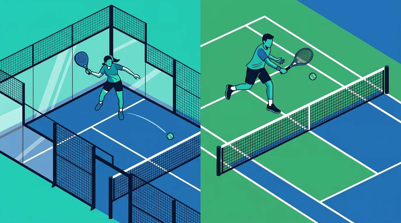 Ilustración dividida comparando una pista de pádel con cristales y una pista de tenis, ambos deportes lado a lado