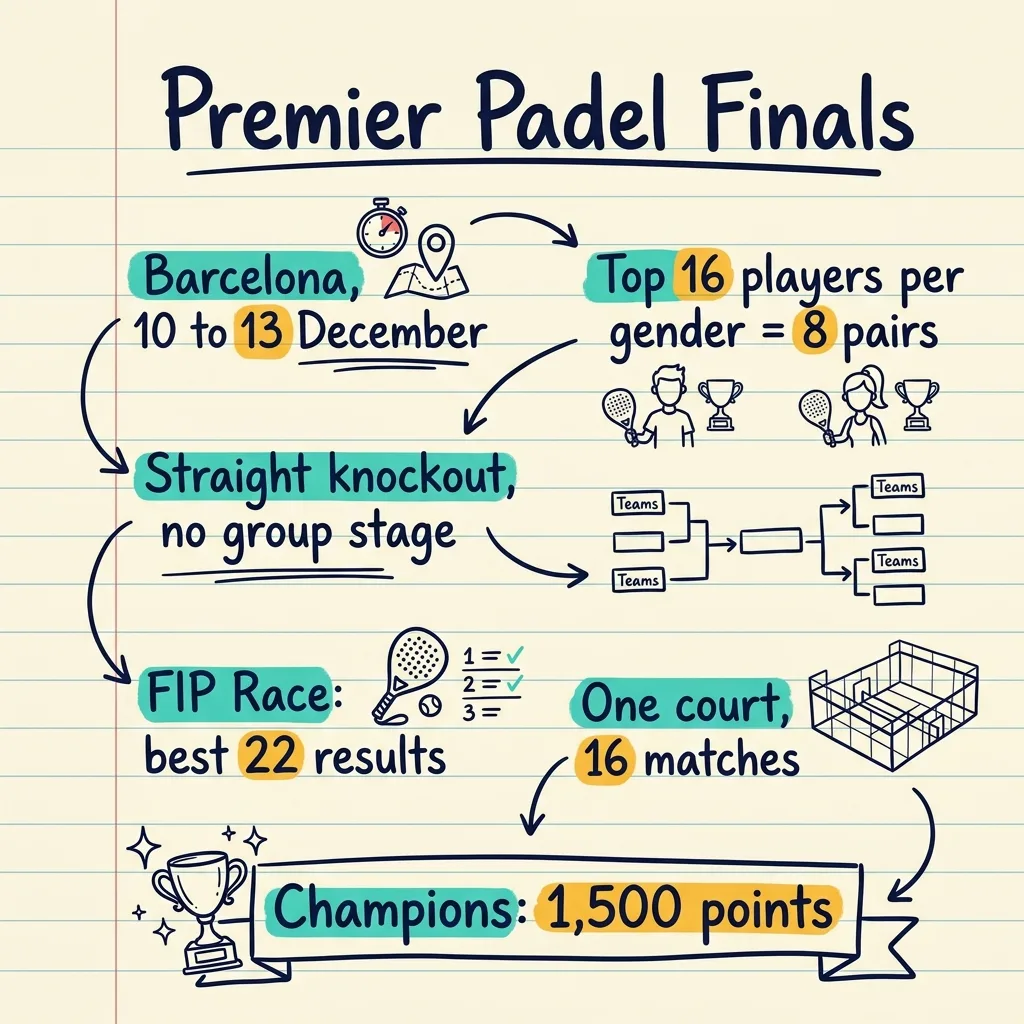 Handwritten sketchnote summarising the Premier Padel Finals: dates, field size, knockout format and championship points