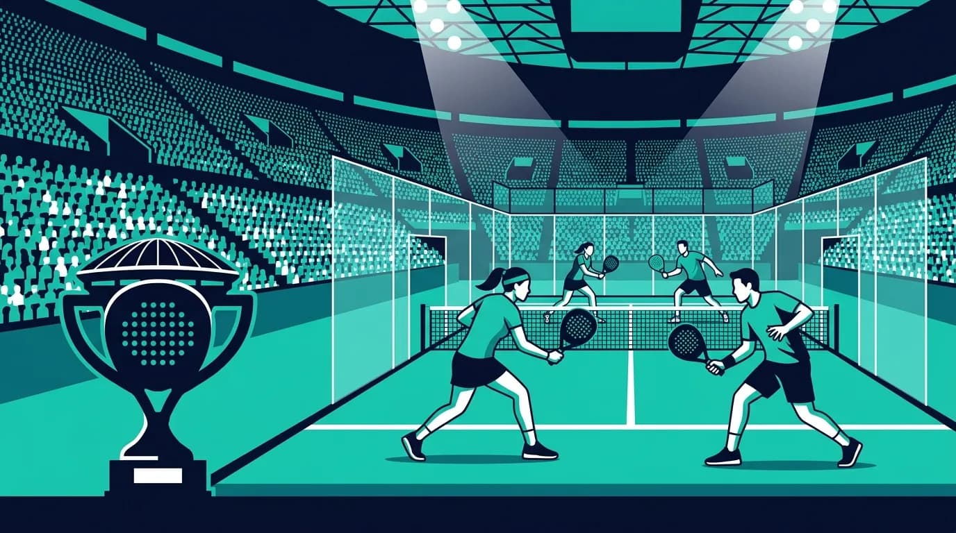 Stylized illustration of a packed padel arena under floodlights, players at the net and a championship trophy