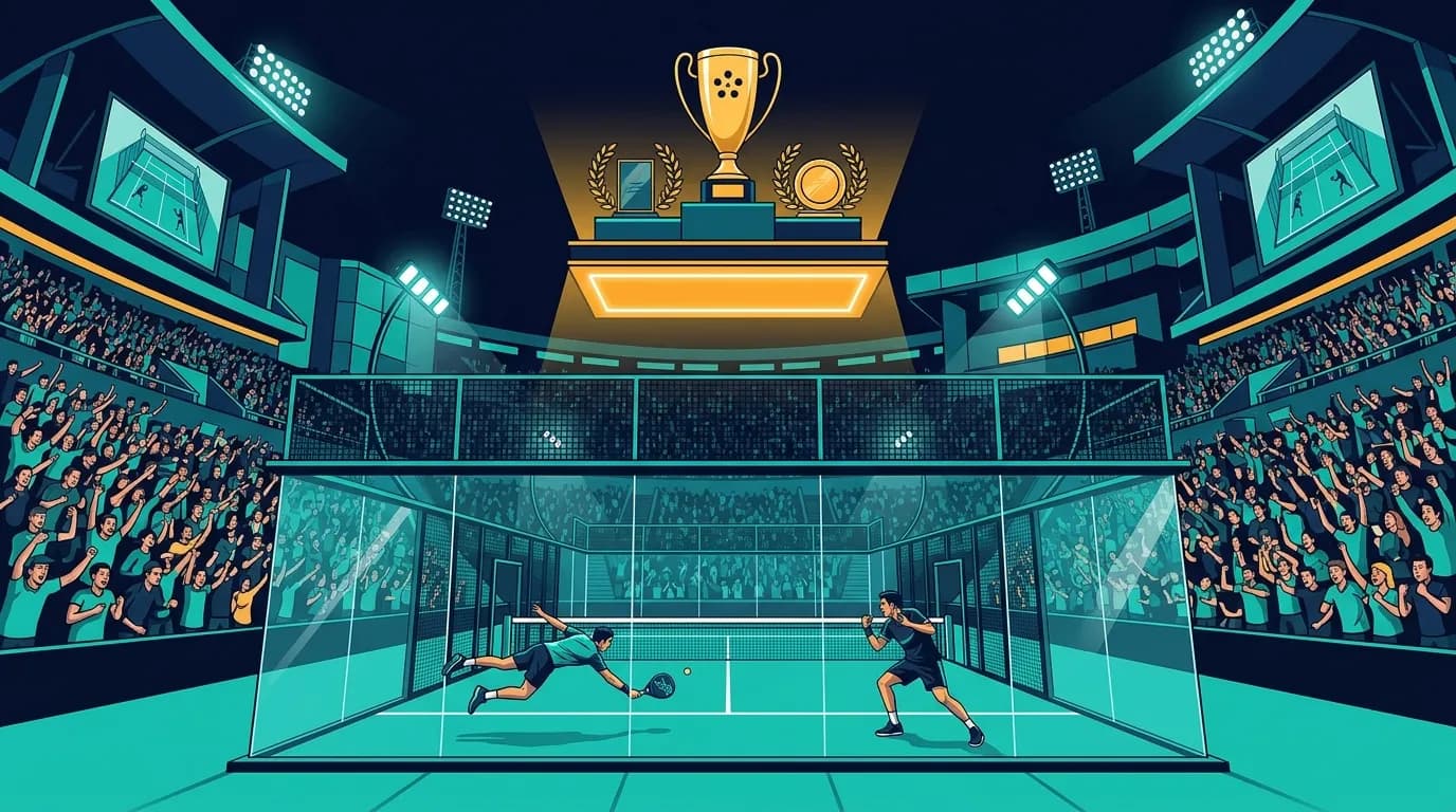 Ilustración estilizada de un estadio profesional de pádel con focos, gradas llenas y un trofeo dorado