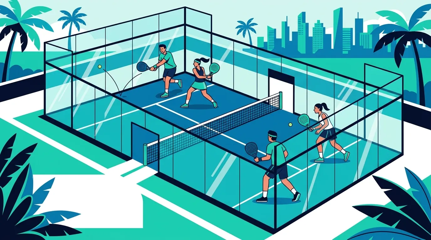 Stylized aerial illustration of an enclosed glass padel court with four players mid-rally, palm trees and a city skyline behind