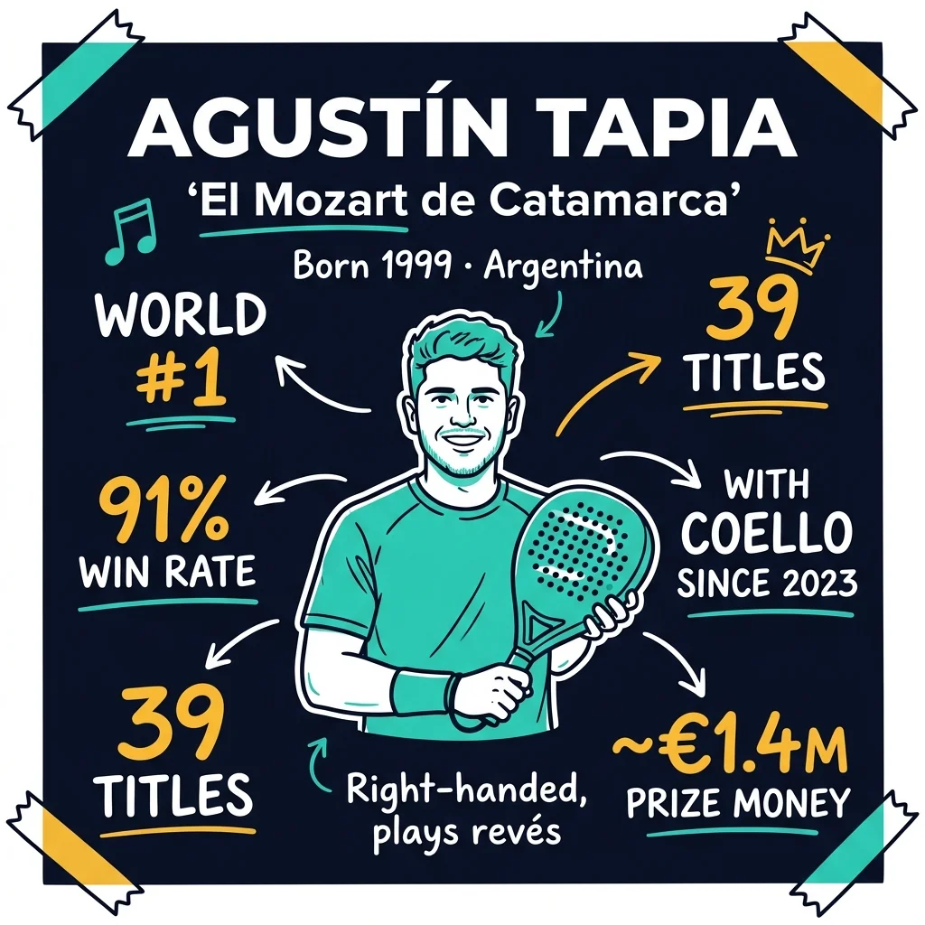 Handwritten sketchnote about Agustín Tapia: born 1999 in Catamarca, world No. 1, 'El Mozart' for his touch, partner Arturo Coello since 2023, 91.4% career win rate, 39 titles