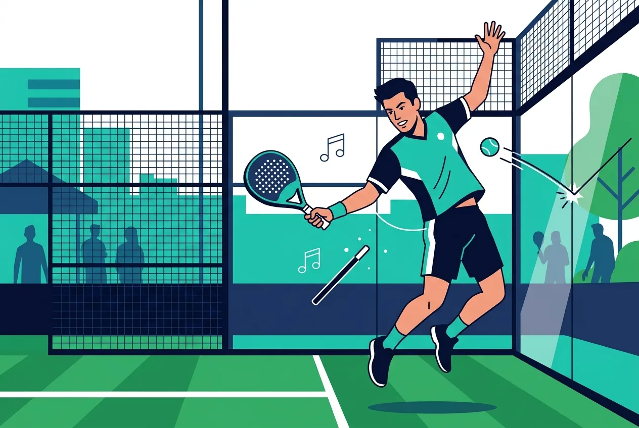 Stylized illustration of a padel player hitting a trick shot off the back glass, a magician's wand and notes floating around him