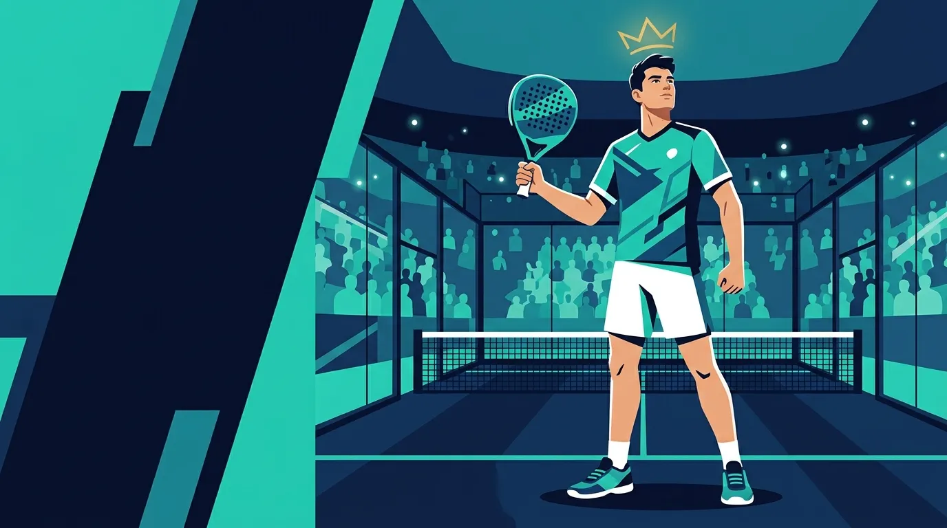 Stylized illustration of a tall padel player posing with his racket on a glass court, a golden crown floating above his head