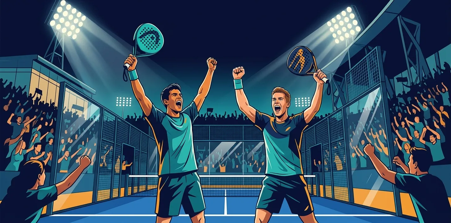 Ilustración estilizada de dos campeones de pádel celebrando la victoria en un estadio lleno bajo los focos