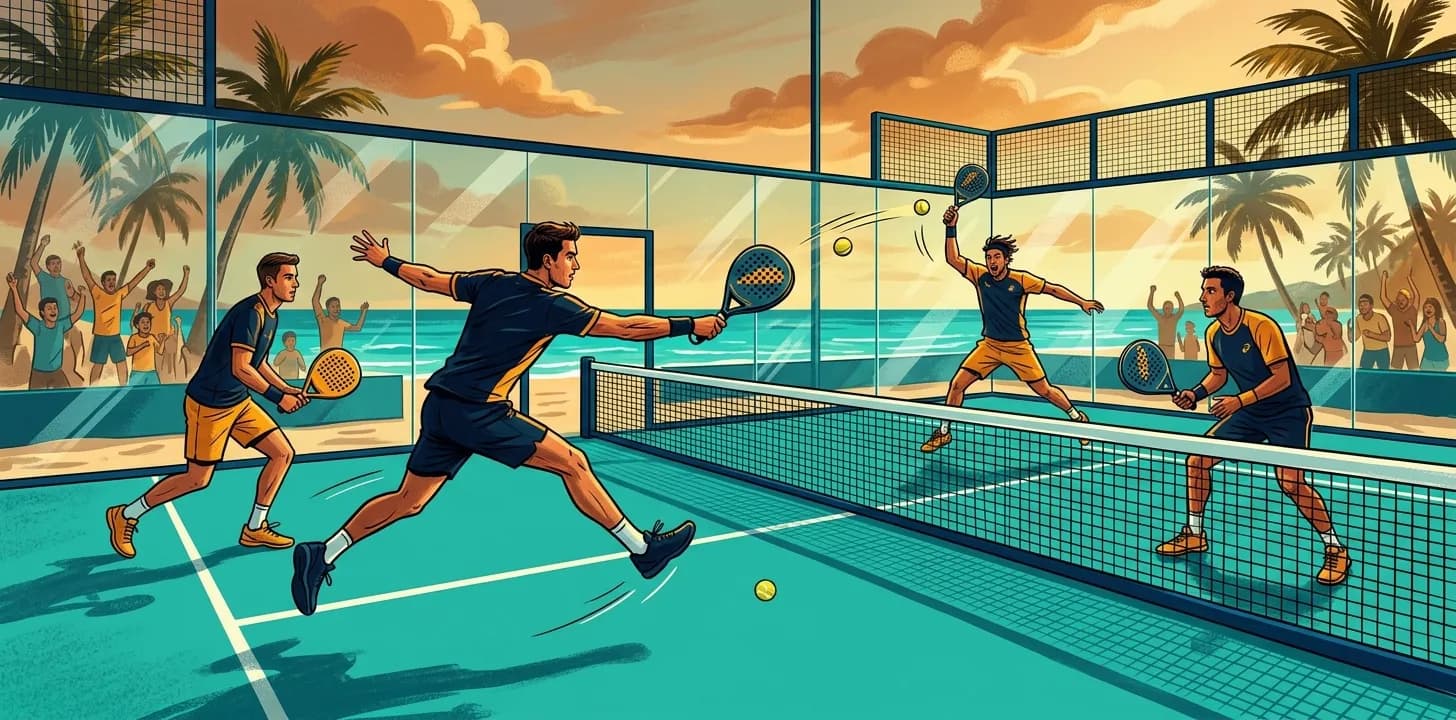 Ilustración estilizada de un intenso partido de pádel en dobles en una pista tropical de Cancún con palmeras y atardecer