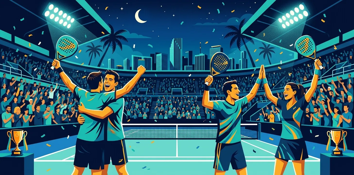 Ilustración estilizada de campeones de pádel celebrando en el arena de Miami P1 con palmeras y focos