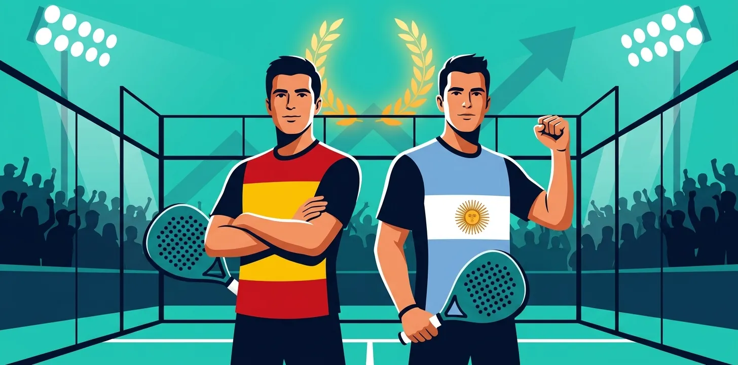 Ilustración estilizada de una pareja masculina de pádel con camisetas de España y Argentina posando con seguridad bajo un laurel dorado y una flecha ascendente, marcando su llegada al número uno