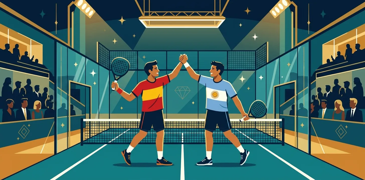 Ilustración estilizada de una pareja masculina de pádel con camisetas de España y Argentina chocando las manos en celebración en una pista de cristal, en un ambiente VIP dorado y lujoso