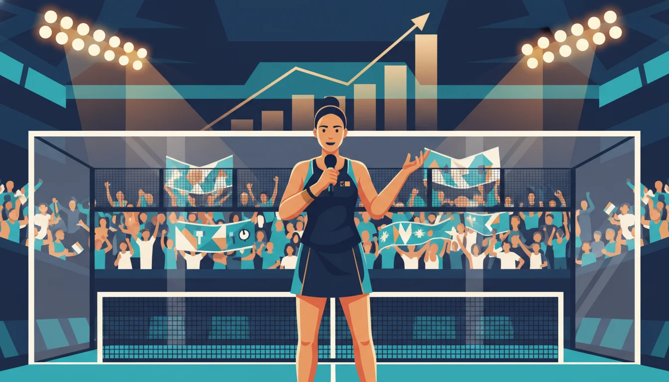 Stylized illustration of a female padel champion holding a microphone at center court, addressing a packed stadium, with an upward-trending growth chart rising behind her — symbolizing Triay's IPPA presidency and padel's €6B industry milestone