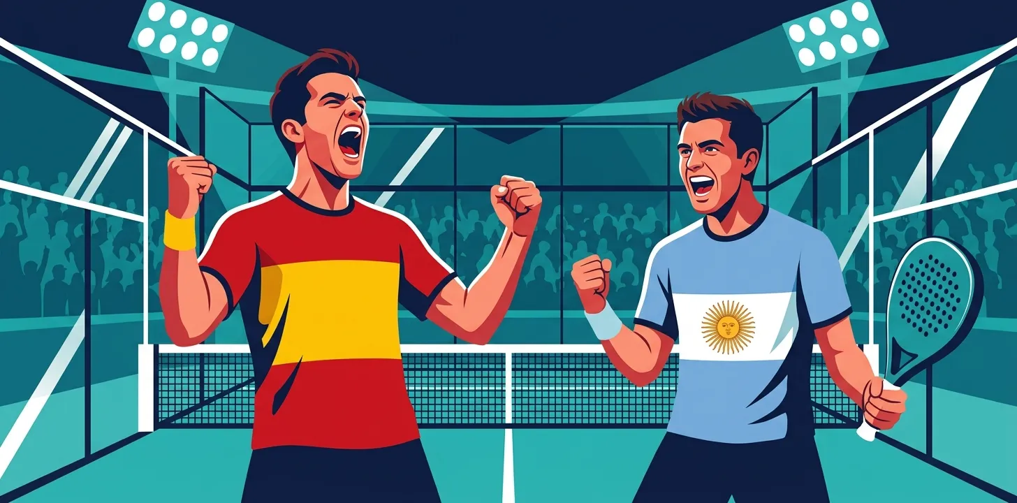 Ilustración estilizada de una pareja masculina de pádel con camisetas de España y Argentina celebrando una remontada bajo las luces del estadio