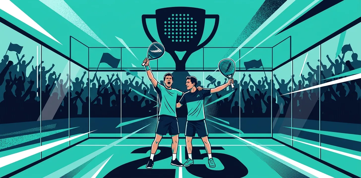 Ilustración estilizada de dos jugadores de pádel celebrando con las palas en alto en una pista de cristal ante un trofeo y un público entregado