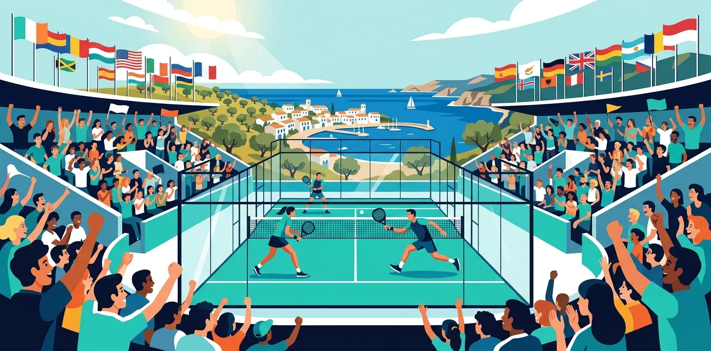Stylized illustration of a glass padel court in a sunlit Mediterranean coastal stadium, ringed by international flags and a cheering crowd