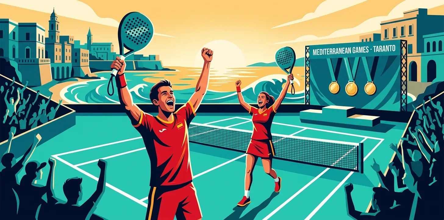 Stylized illustration of two padel players celebrating with raised rackets on a Mediterranean coastal court at golden hour