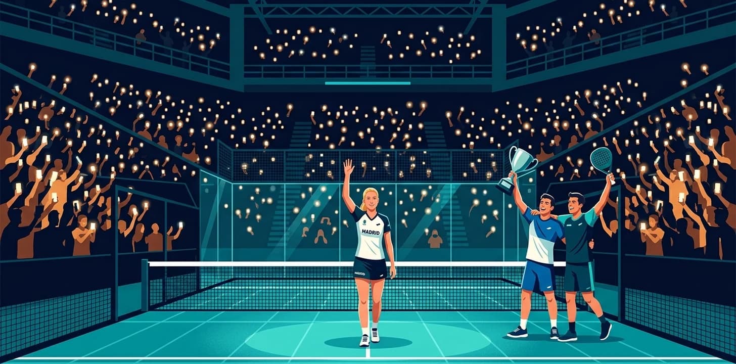 Stylized illustration of a female padel player waving goodbye in a packed indoor arena as thousands of fans raise phone lights, while two male champions celebrate with a trophy on a bright teal court