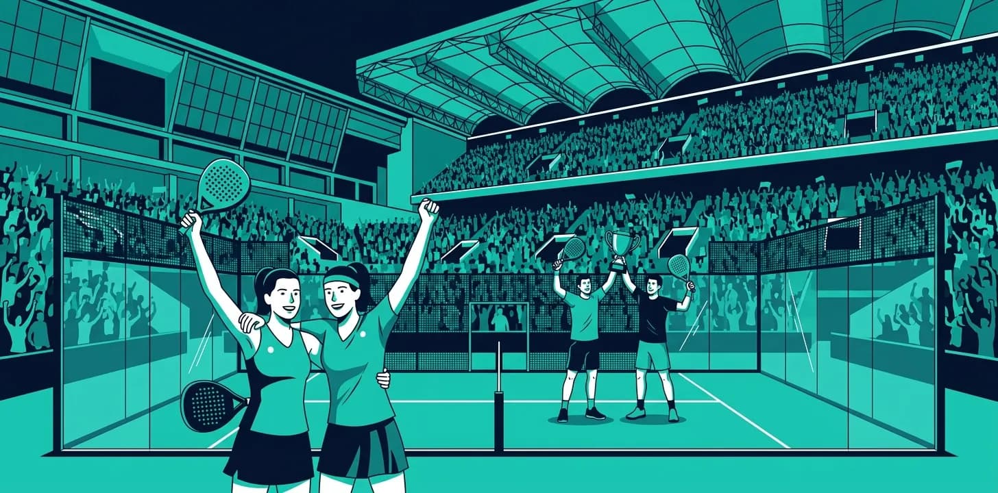 Stylized illustration of two padel doubles pairs celebrating on a packed grand slam show court