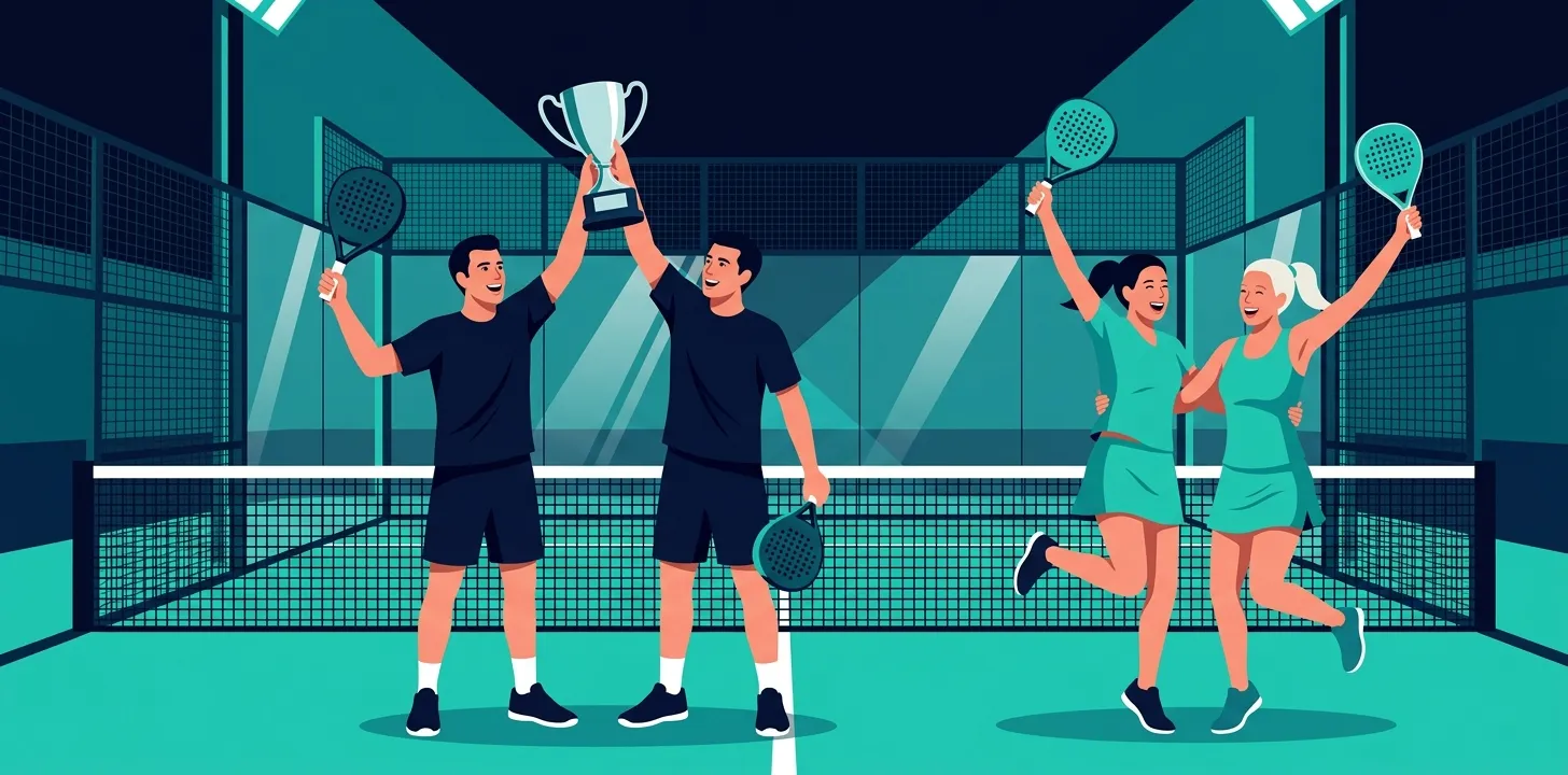 Stylized editorial illustration of two padel pairs on a glass-walled court at night, one pair lifting a trophy, in teal and navy