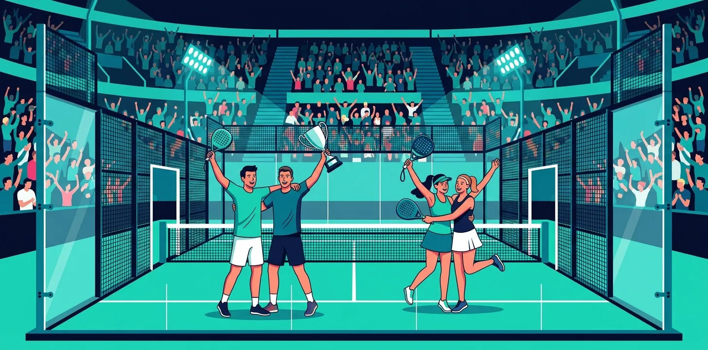 Stylized illustration of two padel doubles pairs celebrating on a glass-walled court in a packed arena