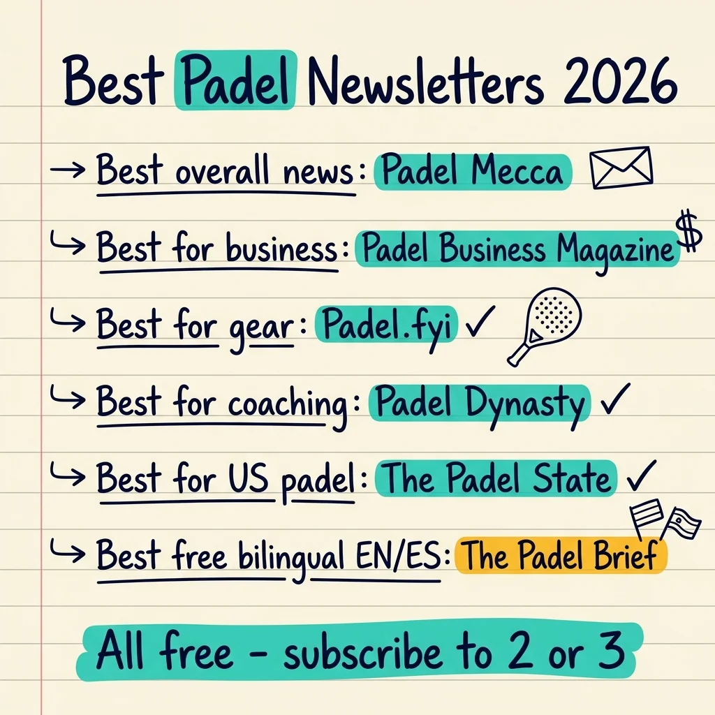 Sketchnote a mano de las mejores newsletters de pádel de 2026: Padel Mecca para noticias, Padel Business Magazine para negocio, Padel.fyi para material, Padel Dynasty para coaching, The Padel State para EE. UU. y The Padel Brief como la mejor opción gratis y bilingüe EN/ES