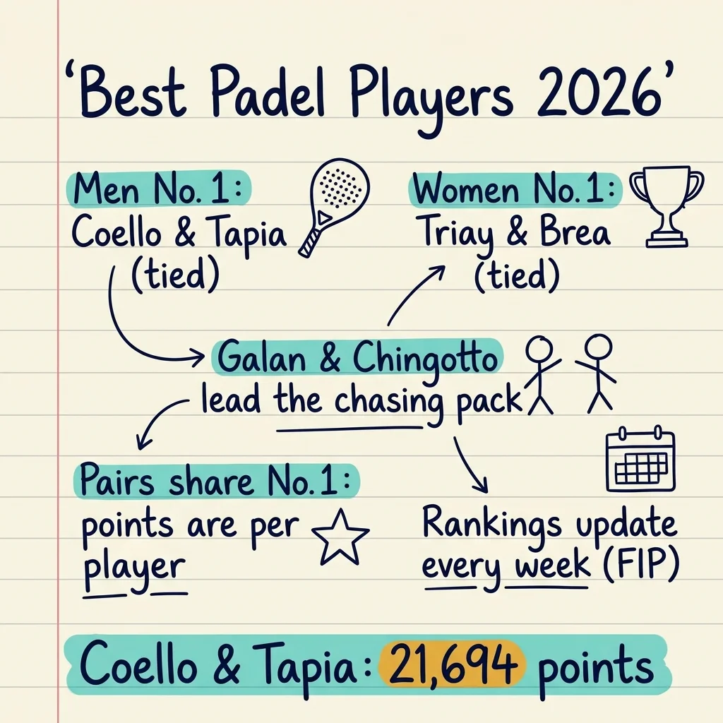 Sketchnote a mano del ranking de pádel 2026: nº1 masculino Coello y Tapia, nº1 femenino Triay y Brea, Galán y Chingotto persiguiendo, las parejas comparten el nº1, la FIP actualiza cada semana, Coello y Tapia con 21.694 puntos