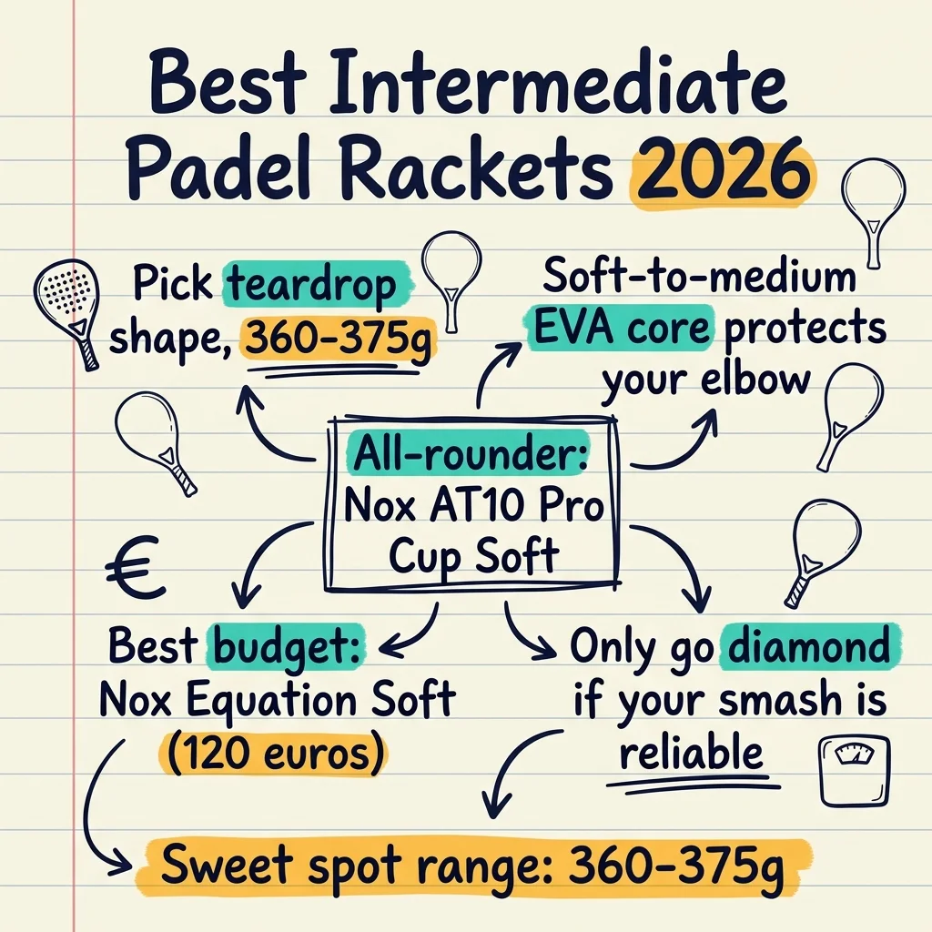 Handwritten sketchnote on choosing an intermediate padel racket in 2026: pick a teardrop at 360-375g, soft-to-medium EVA core, Nox AT10 Pro Cup Soft as all-rounder, Nox Equation Soft as budget pick, go diamond only with a reliable smash