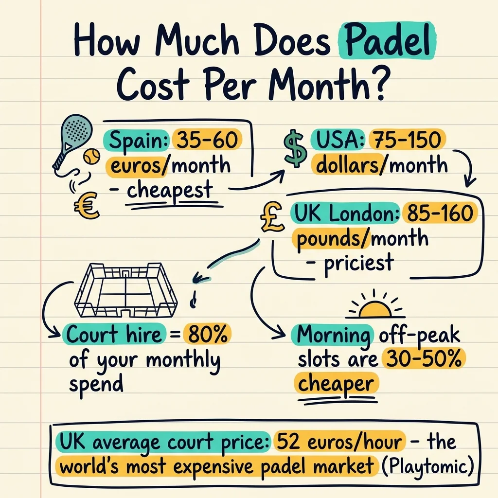 Sketchnote comparando costes mensuales de pádel: España 35-60 euros, EE.UU. 75-150 dólares, Londres 85-160 libras, con la pista como el 80% del gasto