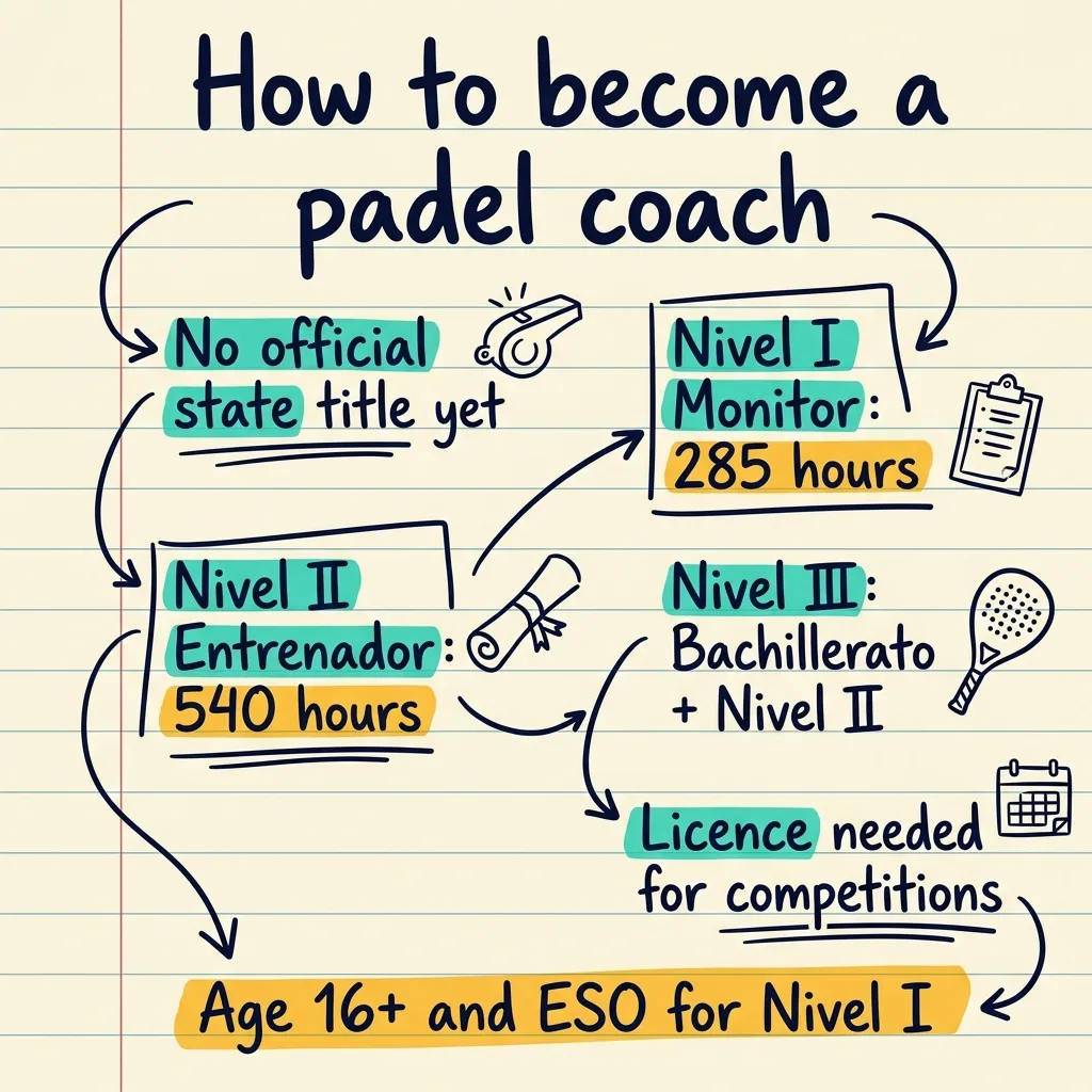 Sketchnote manuscrito sobre cómo ser entrenador de pádel: los tres niveles federativos, sus horas, precios y licencias
