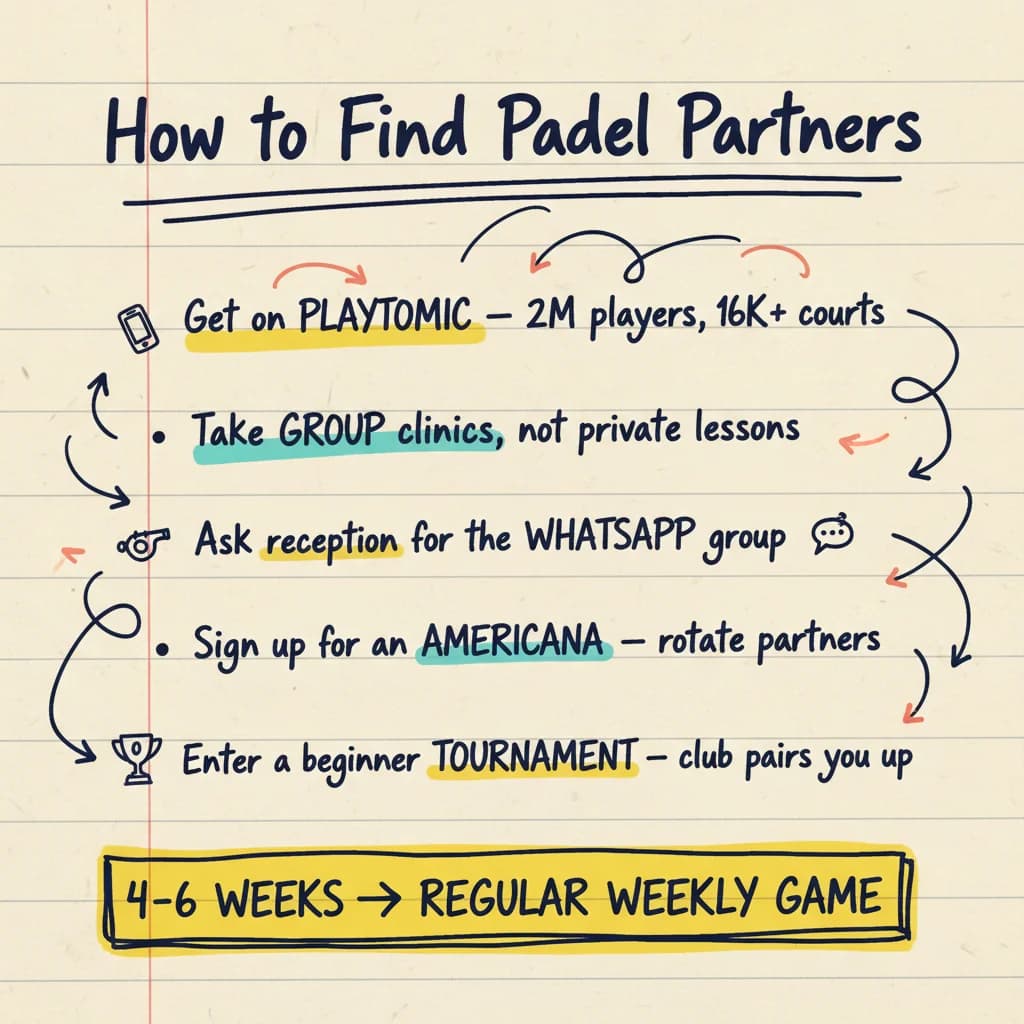 Handwritten sketchnote summarizing how to find padel partners: get on Playtomic, group clinics over private lessons, ask reception for the club WhatsApp, sign up for an americana, enter a beginner tournament — 4-6 weeks to a regular weekly game