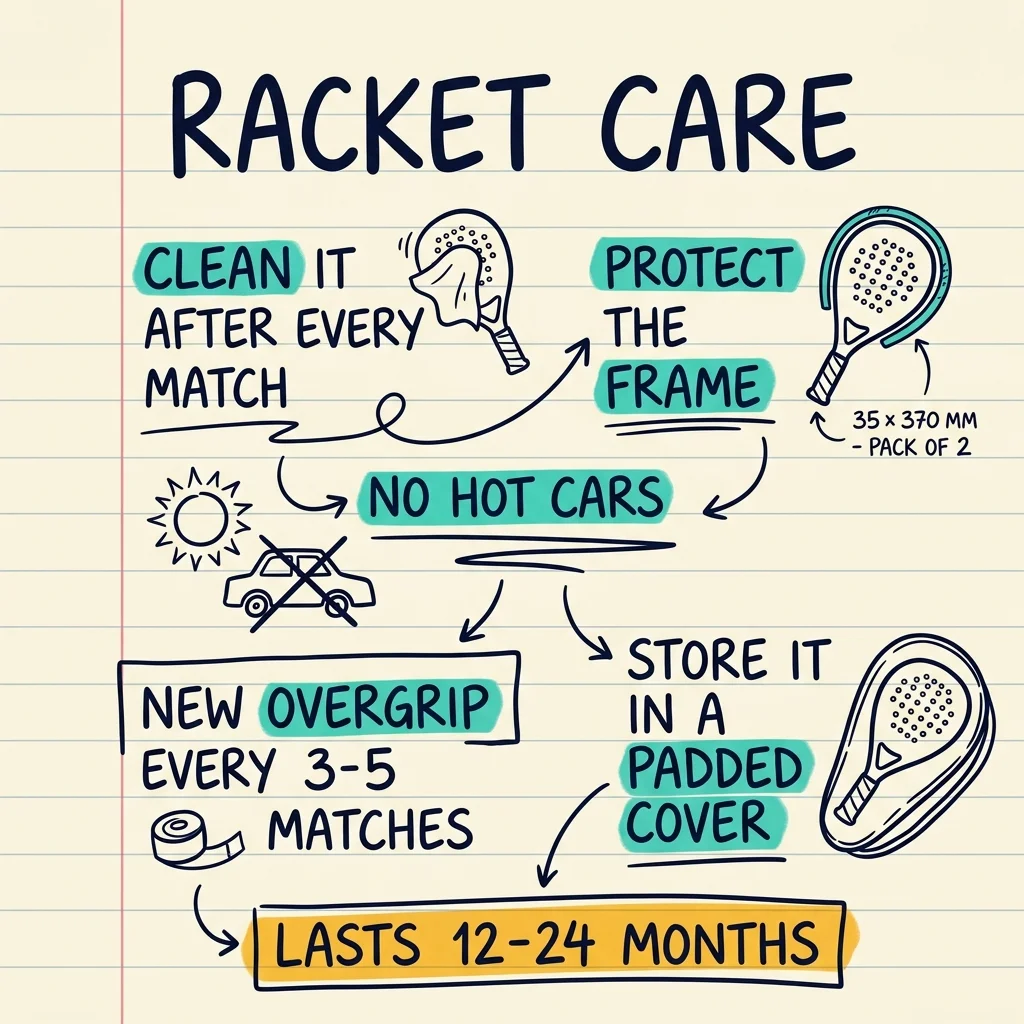 Handwritten sketchnote with padel racket care tips: clean with a dry cloth, protect the frame, avoid heat, change the overgrip every 3-5 matches, store in a thermal cover