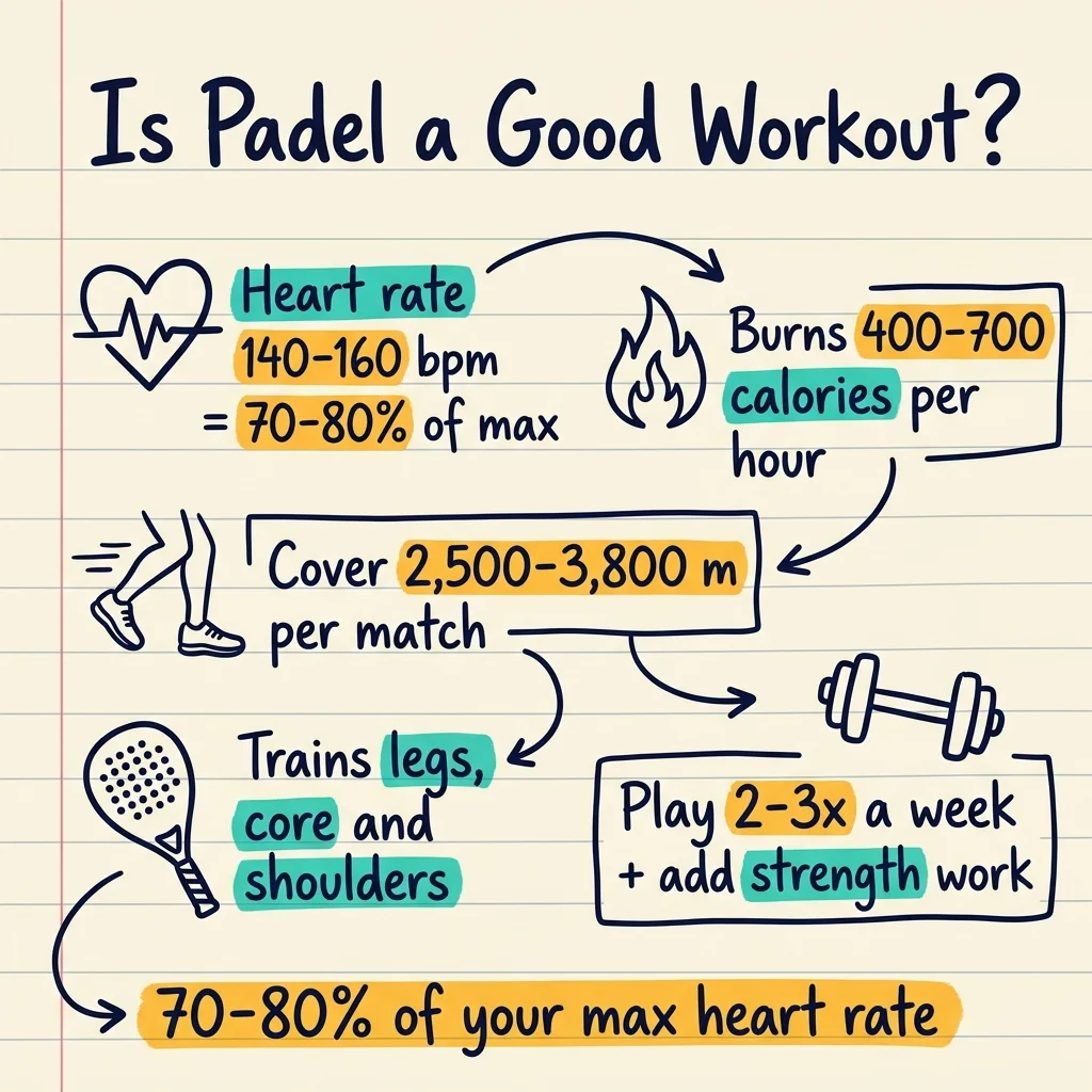 Handwritten sketchnote summarizing padel as a workout: 140-160 bpm heart rate, 400-700 calories per hour, 2,500-3,800 m covered, trains legs, core and shoulders, play 2-3x a week