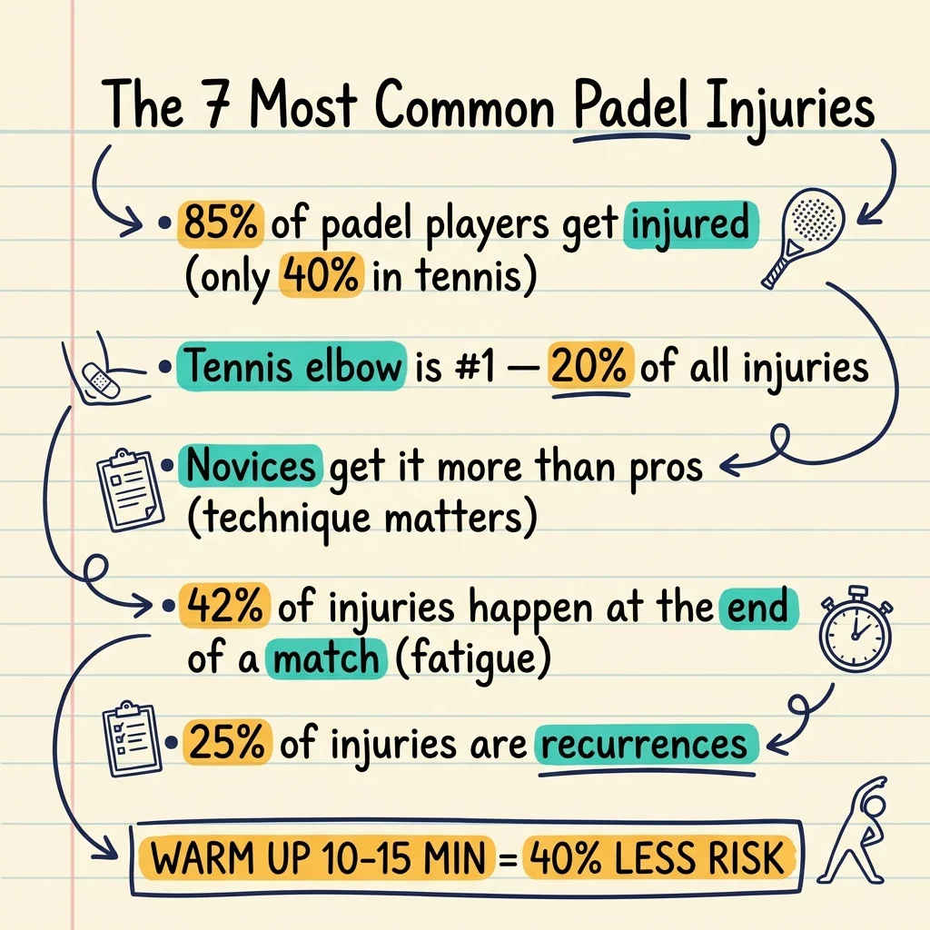 Handwritten sketchnote summarizing the most common padel injuries: 85% prevalence, tennis elbow #1, fatigue causes 42% of injuries, warm up to cut risk 40%