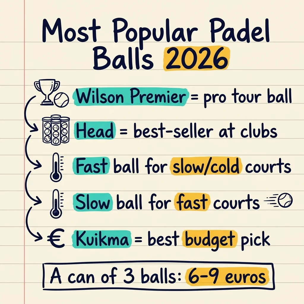Sketchnote a mano sobre las bolas de pádel más populares de 2026: Wilson Premier es la bola del circuito profesional, Head es la más vendida en clubes, usa una bola rápida en pistas lentas o frías y una bola lenta en pistas rápidas, Kuikma es la mejor opción económica, un bote de 3 bolas cuesta 6-9 euros