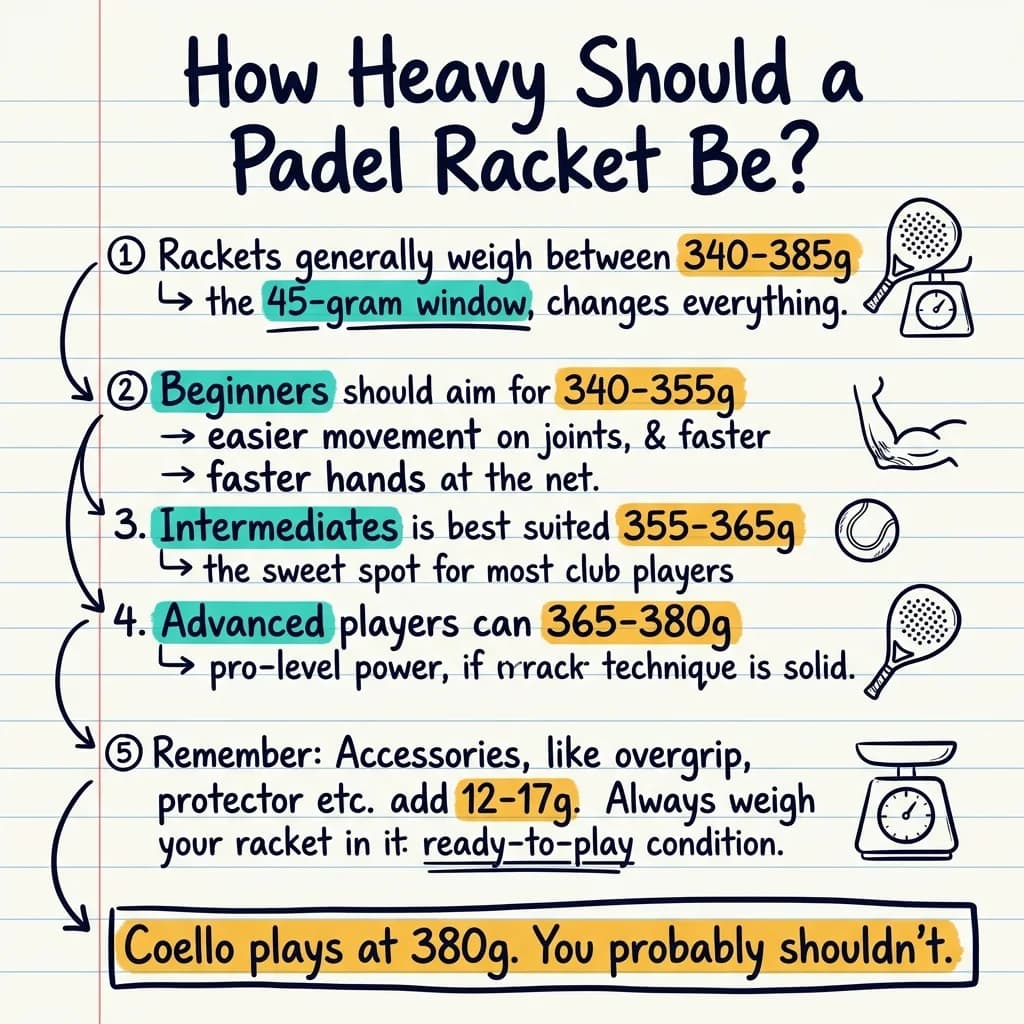 Sketchnote manuscrito resumiendo la guía de peso de palas de pádel por nivel