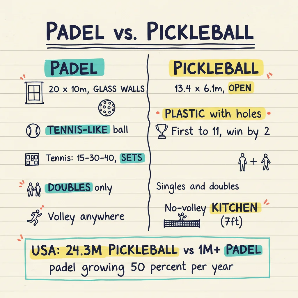 Handwritten sketchnote comparing padel and pickleball across court size, ball, scoring, format and net zone, with the key stat — 24.3M US pickleball players vs 1M+ US padel players, padel growing 50% per year