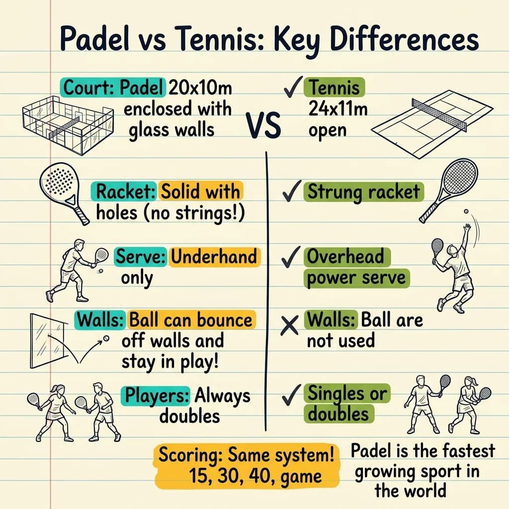 Resumen en notas manuscritas comparando las diferencias entre pádel y tenis