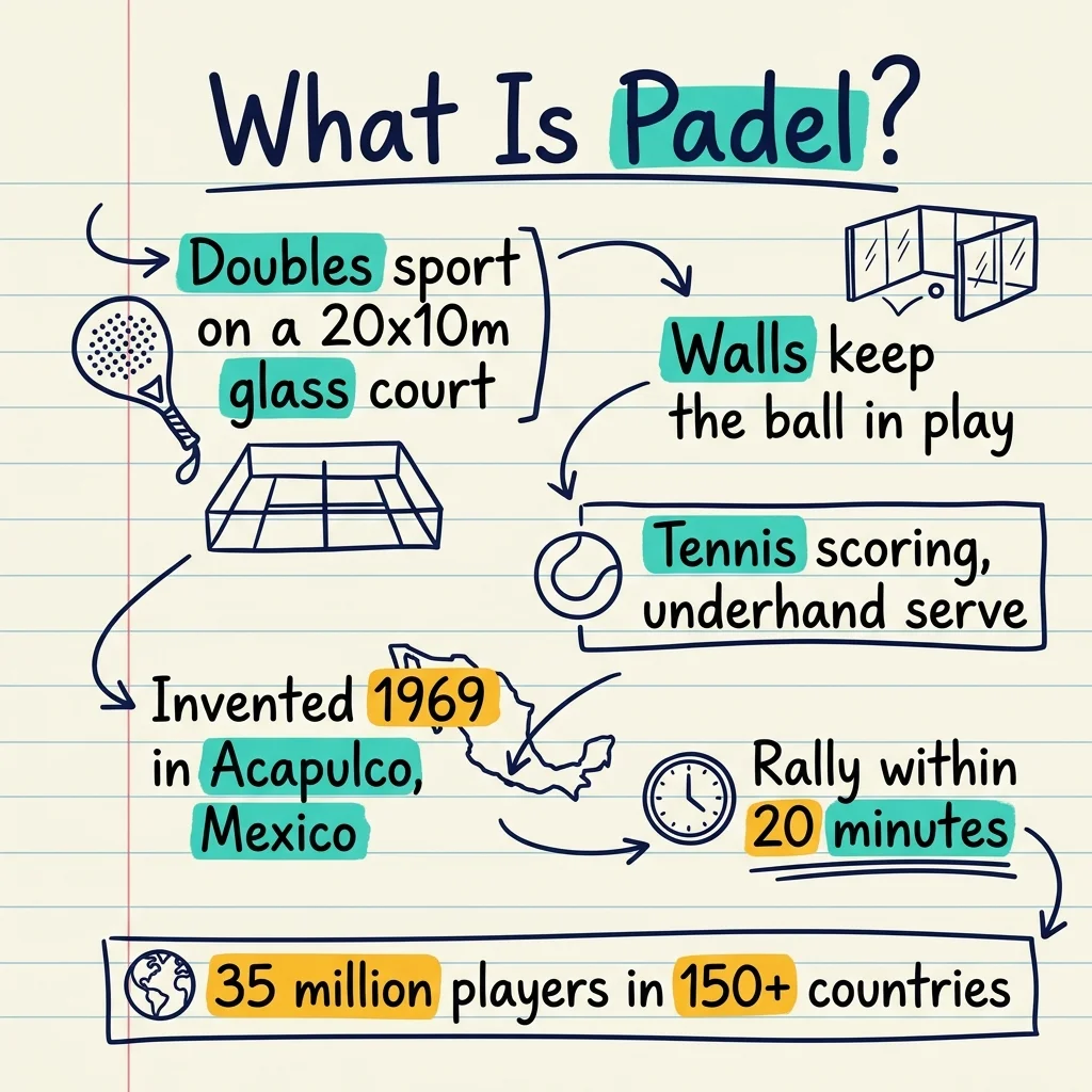 Handwritten sketchnote explaining padel: doubles sport on a 20x10m glass court, walls keep the ball in play, tennis scoring with underhand serve, invented 1969 in Acapulco, 35 million players in 150+ countries