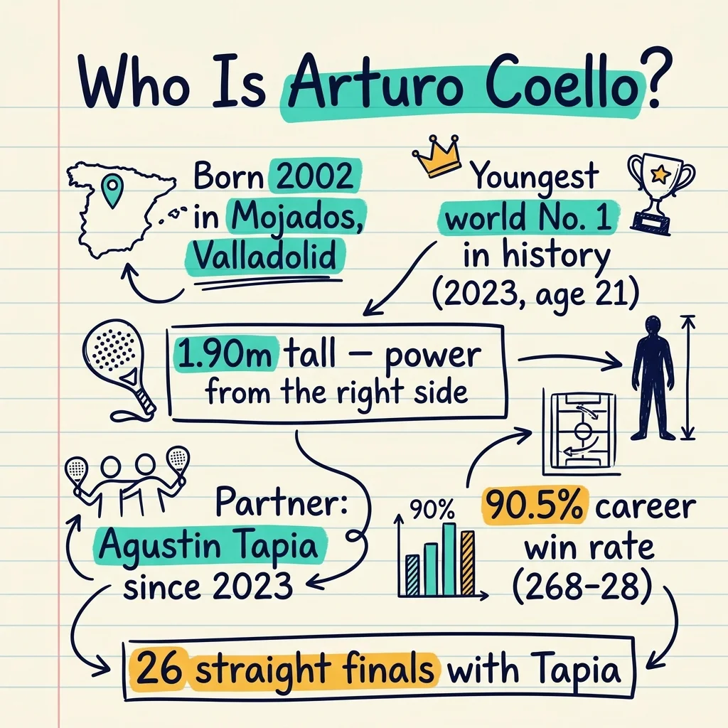Handwritten sketchnote about Arturo Coello: born 2002 in Mojados, youngest world No. 1 in 2023 at age 21, 1.90m right-side player, partner Agustín Tapia since 2023, 90.5% career win rate, 26 straight finals